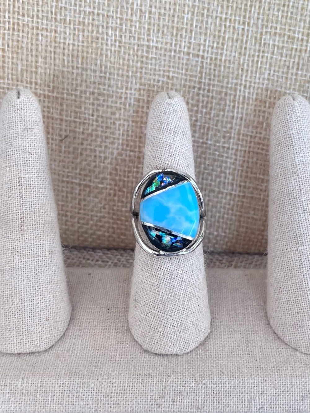 Taxco Mexico Ring Size 7 Blue & Black Iridescent Inlay Statement Ring